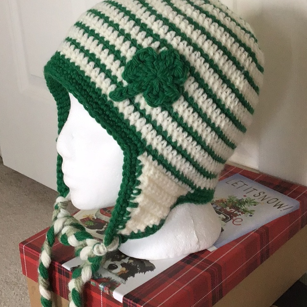 Sale Shamrock Earflap Hat Crochet Handmade Adult